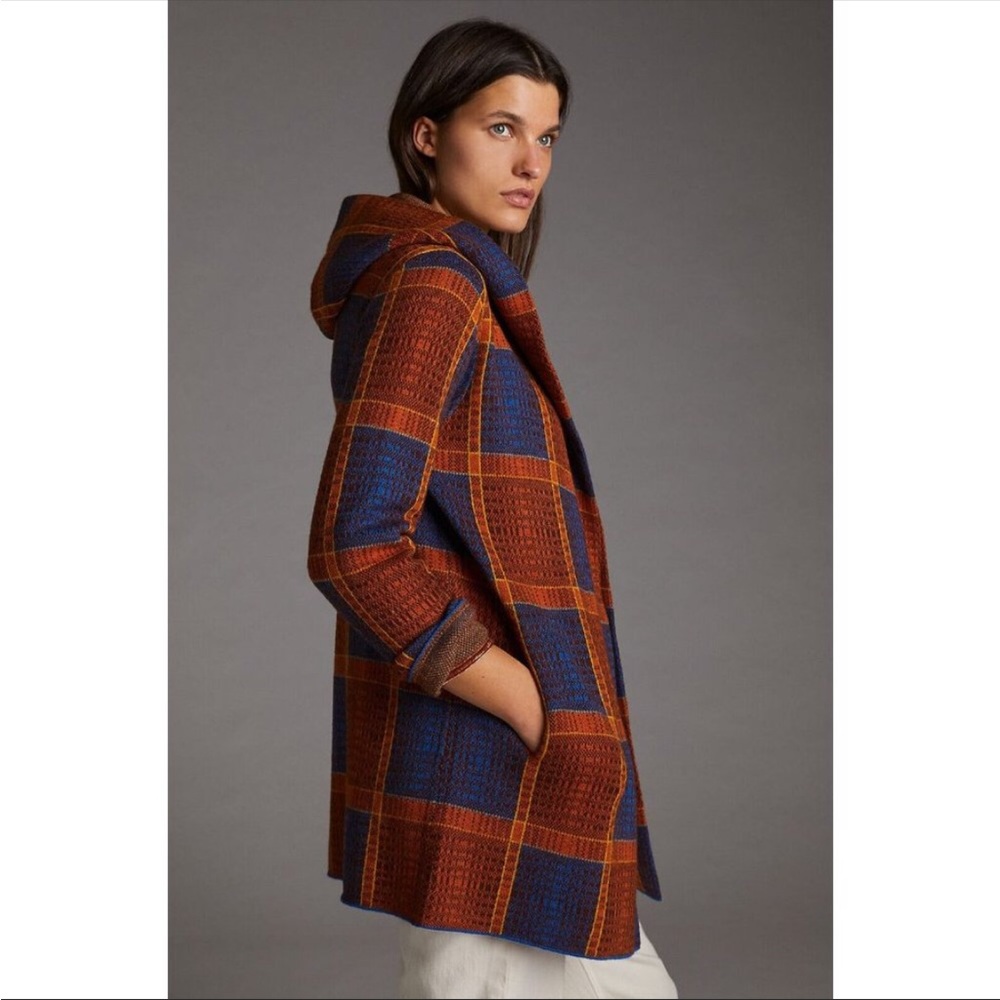Anthropologie Plaid Wool Sweater Coat SP Orange Blue 100% Wool